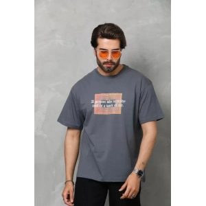 Unisex Bisiklet Yaka Baskılı Oversize T-Shirt - Füme