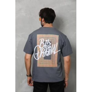 Unisex Bisiklet Yaka Baskılı Oversize T-Shirt - Füme