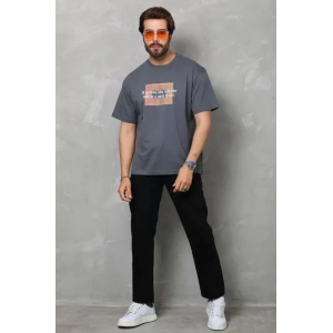 Unisex Bisiklet Yaka Baskılı Oversize T-Shirt - Füme