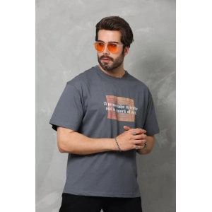 Unisex Bisiklet Yaka Baskılı Oversize T-Shirt - Füme