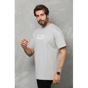 Unisex Bisiklet Yaka Baskılı Oversize T-Shirt - Gri