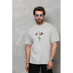 Unisex Bisiklet Yaka Baskılı Oversize T-Shirt - Gri