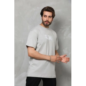 Unisex Bisiklet Yaka Baskılı Oversize T-Shirt - Gri