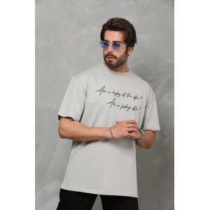 Unisex Bisiklet Yaka Baskılı Oversize T-Shirt - Gri