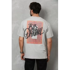 Unisex Bisiklet Yaka Baskılı Oversize T-Shirt - Gri