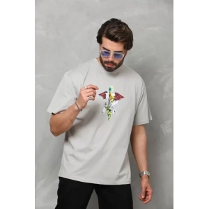 Unisex Bisiklet Yaka Baskılı Oversize T-Shirt - Gri