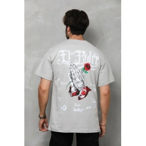 Unisex Bisiklet Yaka Baskılı Oversize T-Shirt - Gri