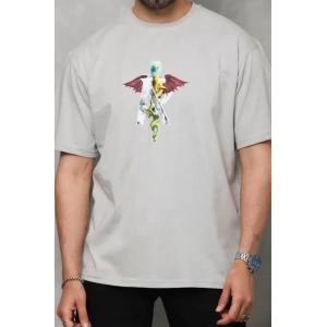 Unisex Bisiklet Yaka Baskılı Oversize T-Shirt - Gri