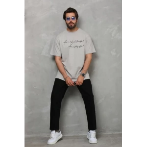 Unisex Bisiklet Yaka Baskılı Oversize T-Shirt - Gri