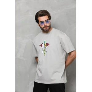 Unisex Bisiklet Yaka Baskılı Oversize T-Shirt - Gri