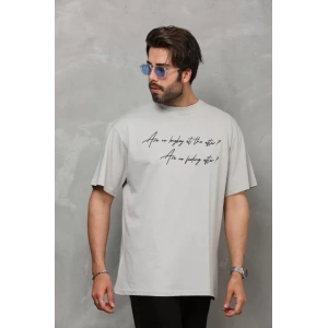 Unisex Bisiklet Yaka Baskılı Oversize T-Shirt - Gri