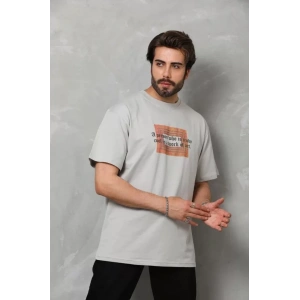 Unisex Bisiklet Yaka Baskılı Oversize T-Shirt - Gri
