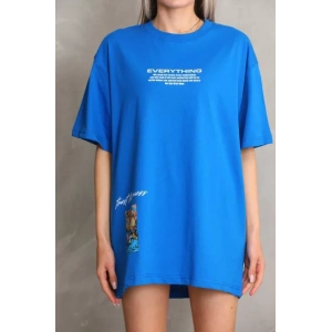 Unisex Bisiklet Yaka Baskılı Oversize T-Shirt - Mavi