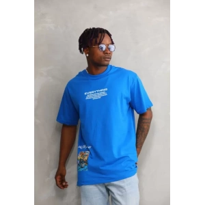 Unisex Bisiklet Yaka Baskılı Oversize T-Shirt - Mavi