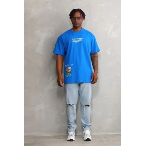 Unisex Bisiklet Yaka Baskılı Oversize T-Shirt - Mavi