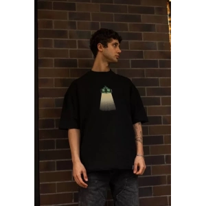 Unisex Bisiklet Yaka Baskılı Oversize T-Shirt - Siyah