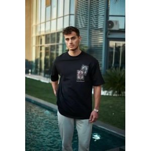 Unisex Bisiklet Yaka Baskılı Oversize T-Shirt - Siyah