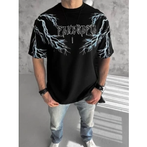 Unisex Bisiklet Yaka Baskılı Oversize T-Shirt - Siyah