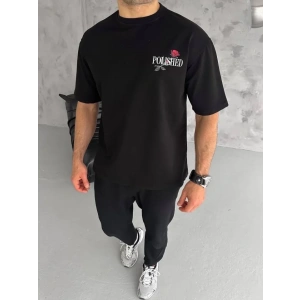 Unisex Bisiklet Yaka Baskılı Oversize T-Shirt - Siyah