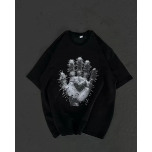 Unisex Bisiklet Yaka Baskılı Oversize T-Shirt - Siyah
