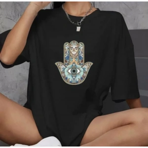 Unisex Bisiklet Yaka Baskılı Oversize T-Shirt - Siyah