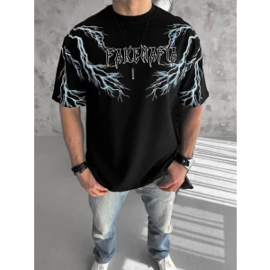 Unisex Bisiklet Yaka Baskılı Oversize T-Shirt-Siyah