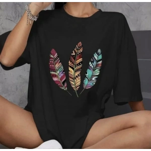 Unisex Bisiklet Yaka Baskılı Oversize T-Shirt - Siyah