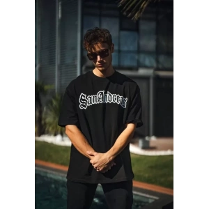 Unisex Bisiklet Yaka Baskılı Oversize T-Shirt - Siyah