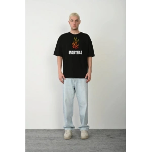 Unisex Bisiklet Yaka Baskılı Oversize T-Shirt - Siyah
