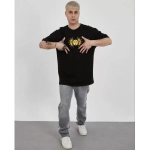 Unisex Bisiklet Yaka Baskılı Oversize T-Shirt - Siyah