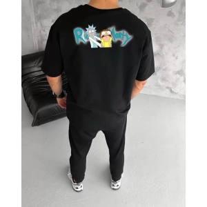 Unisex Bisiklet Yaka Baskılı Oversize T-Shirt - Siyah