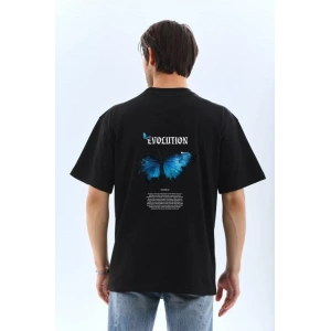 Unisex Bisiklet Yaka Baskılı Oversize T-Shirt - Siyah
