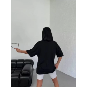 Unisex Bisiklet Yaka Baskılı Oversize T-Shirt - Siyah