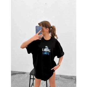 Unisex Bisiklet Yaka Baskılı Oversize T-Shirt - Siyah