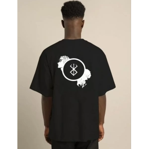 Unisex Bisiklet Yaka Baskılı Oversize T-Shirt - Siyah