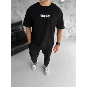 Unisex Bisiklet Yaka Baskılı Oversize T-Shirt - Siyah