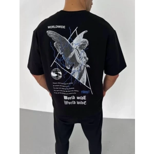 Unisex Bisiklet Yaka Baskılı Oversize T-Shirt - Siyah