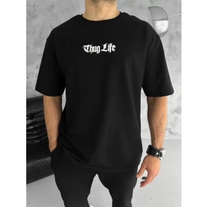 Unisex Bisiklet Yaka Baskılı Oversize T-Shirt - Siyah