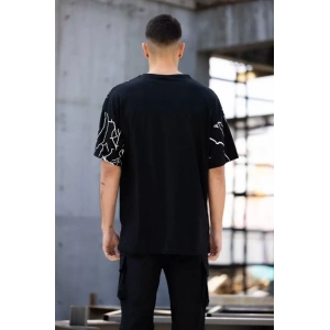 Unisex Bisiklet Yaka Baskılı Oversize T-Shirt - Siyah