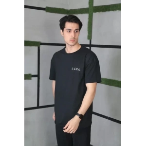 Unisex Bisiklet Yaka Baskılı Oversize T-Shirt - Siyah