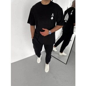 Unisex Bisiklet Yaka Baskılı Oversize T-Shirt - Siyah