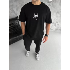 Unisex Bisiklet Yaka Baskılı Oversize T-Shirt - Siyah