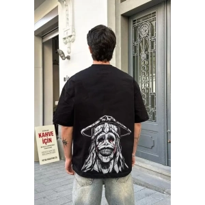 Unisex Bisiklet Yaka Baskılı Oversize T-Shirt - Siyah