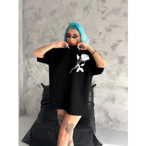 Unisex Bisiklet Yaka Baskılı Oversize T-Shirt - Siyah