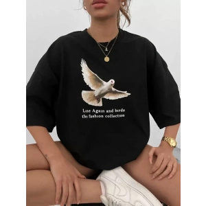 Unisex Bisiklet Yaka Baskılı Oversize T-Shirt - Siyah