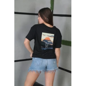 Unisex Bisiklet Yaka Baskılı Oversize T-Shirt - Siyah