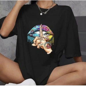 Unisex Bisiklet Yaka Baskılı Oversize T-Shirt - Siyah