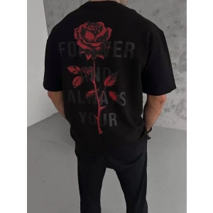 Unisex Bisiklet Yaka Baskılı Oversize T-Shirt - Siyah