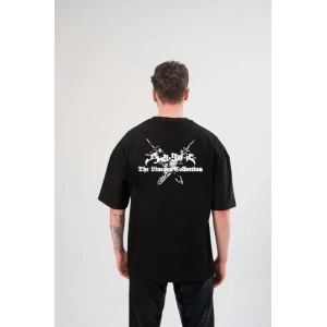 Unisex Bisiklet Yaka Baskılı Oversize T-Shirt - Siyah