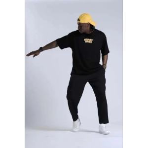 Unisex Bisiklet Yaka Baskılı Oversize T-Shirt - Siyah